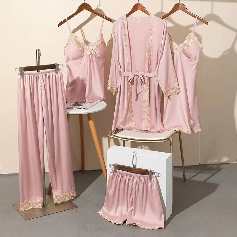 Satin Lace Five Piece Pajamas