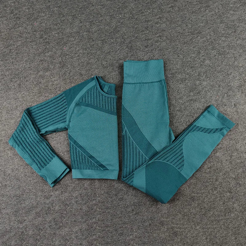 Women Workout Fitness Outfits Hollow Mesh Sports Sets Running Set High Waist Gym Sets Energy Seamless Yoga Suits New 2 Pcs Sets