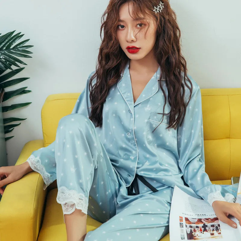 Lace Trim Satin Pajama Set