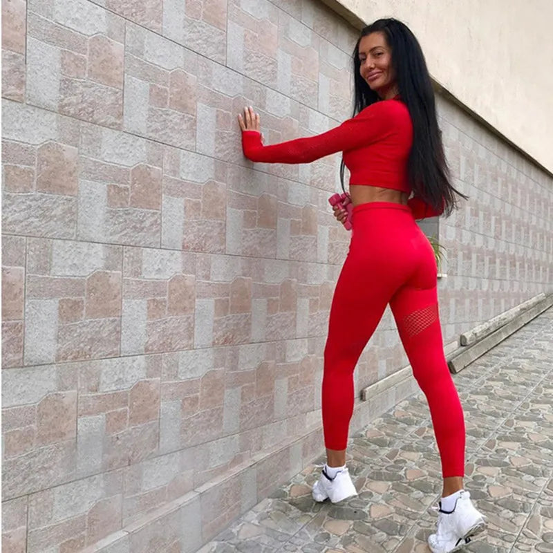 Yoga Set Women Fitness Gym Clothing Sport Suit Seamless Hollow Out Long Sleeve Crop Top High Waist Workout Leggings Sportwear