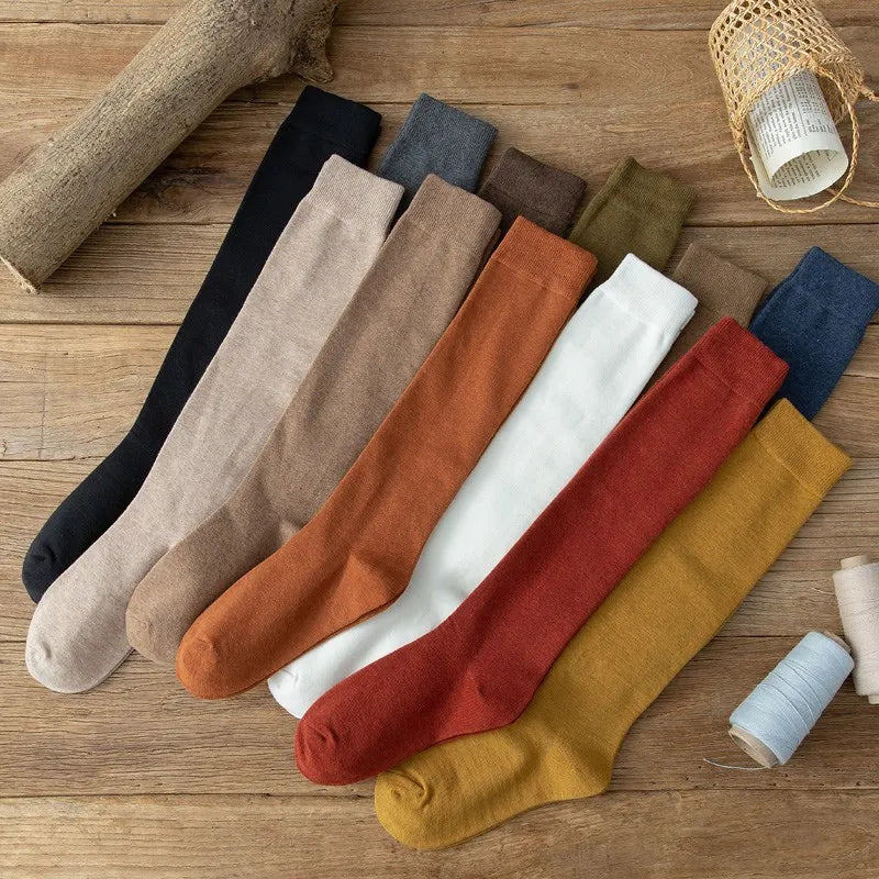 Solid Cotton Thigh High Socks