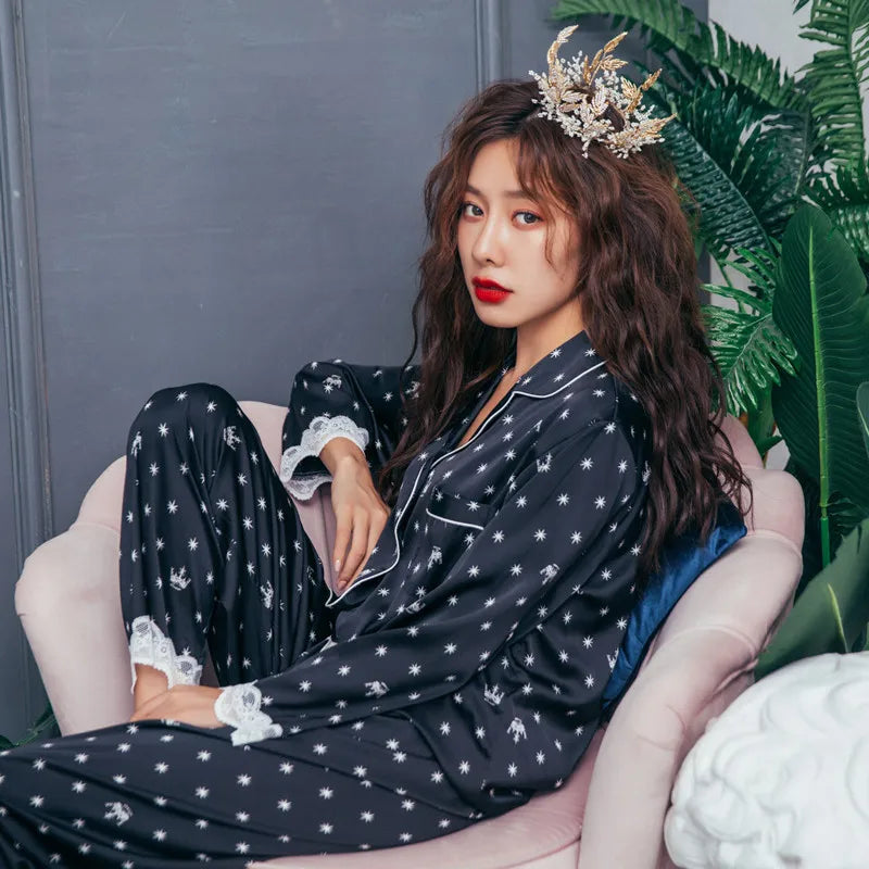Lace Trim Satin Pajama Set