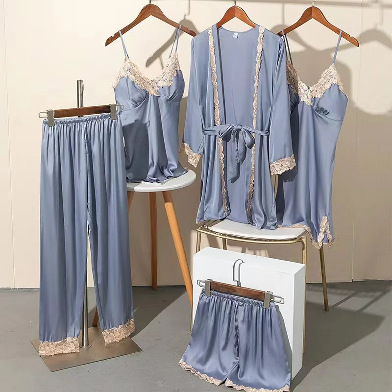 Satin Lace Five Piece Pajamas