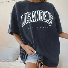 Fashion Women's T-shirts LOS ANGELES Letter Prints T Shirt Women 2021 O-Neck Oversized Loose Short Sleeve Summer Tops Streetwear