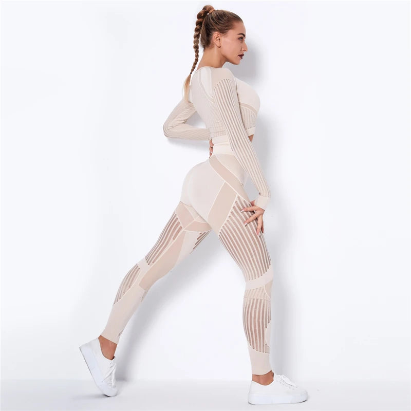 Women Workout Fitness Outfits Hollow Mesh Sports Sets Running Set High Waist Gym Sets Energy Seamless Yoga Suits New 2 Pcs Sets