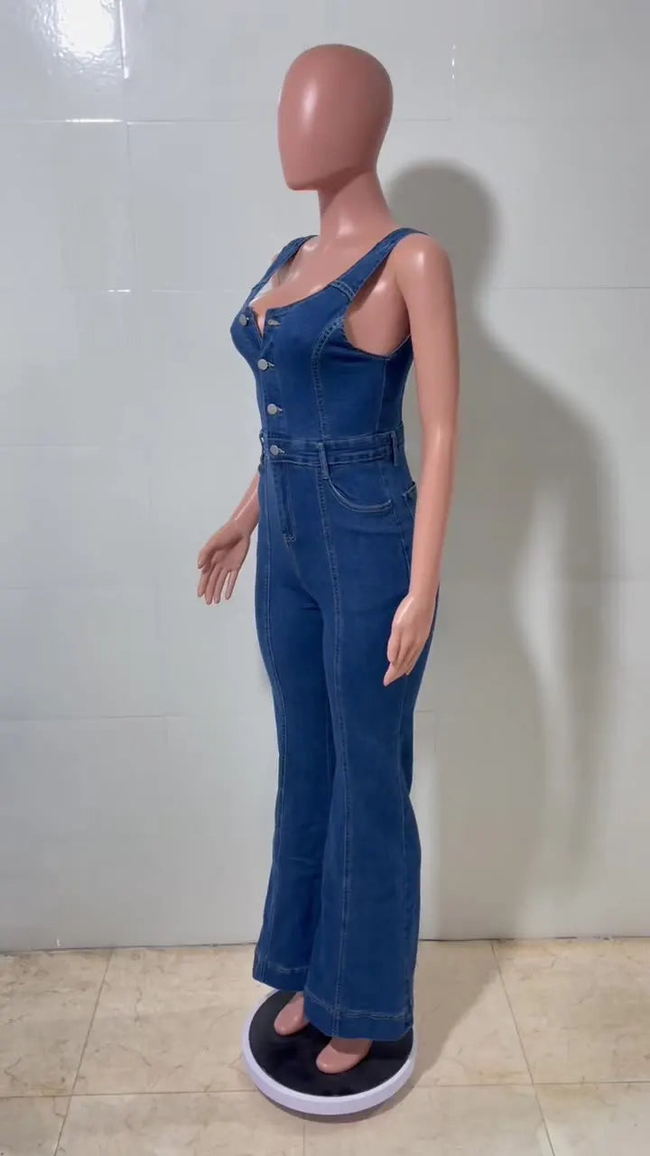 Wide Leg Denim Strap Jumpsuit