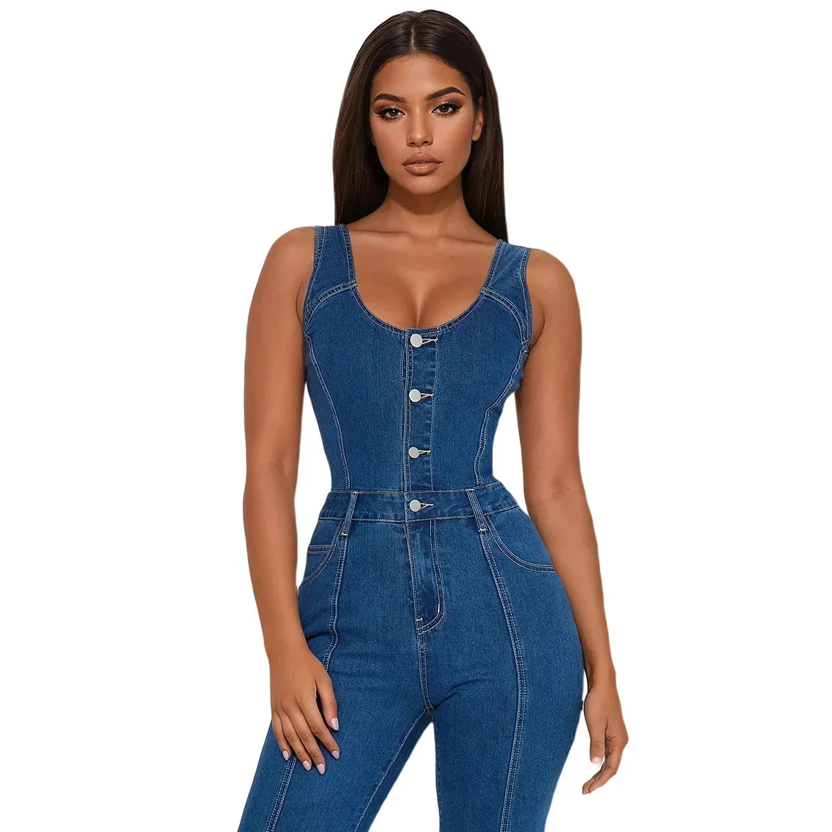 Wide Leg Denim Strap Jumpsuit