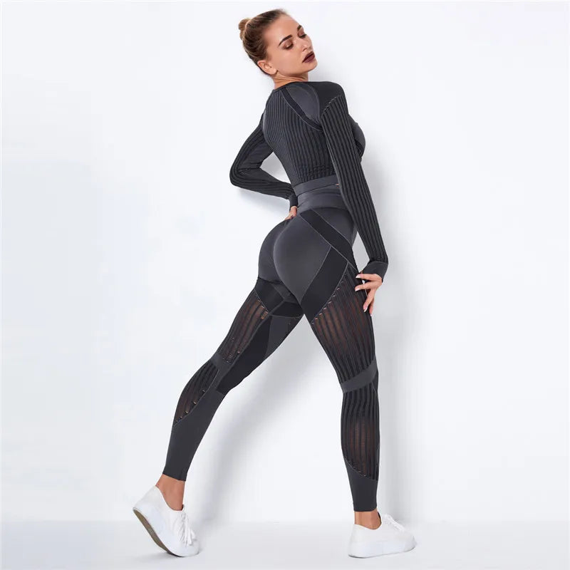 Women Workout Fitness Outfits Hollow Mesh Sports Sets Running Set High Waist Gym Sets Energy Seamless Yoga Suits New 2 Pcs Sets