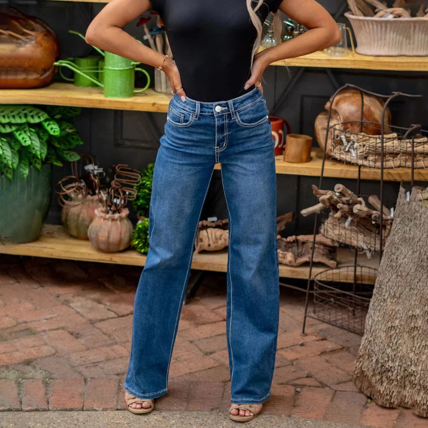 High Quality Vintage Women's Straight Denim Pants Slight Stretchy Pockets Wide Leg Trousers High Waist Loose Lady Long Jeans