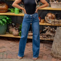 High Quality Vintage Women's Straight Denim Pants Slight Stretchy Pockets Wide Leg Trousers High Waist Loose Lady Long Jeans