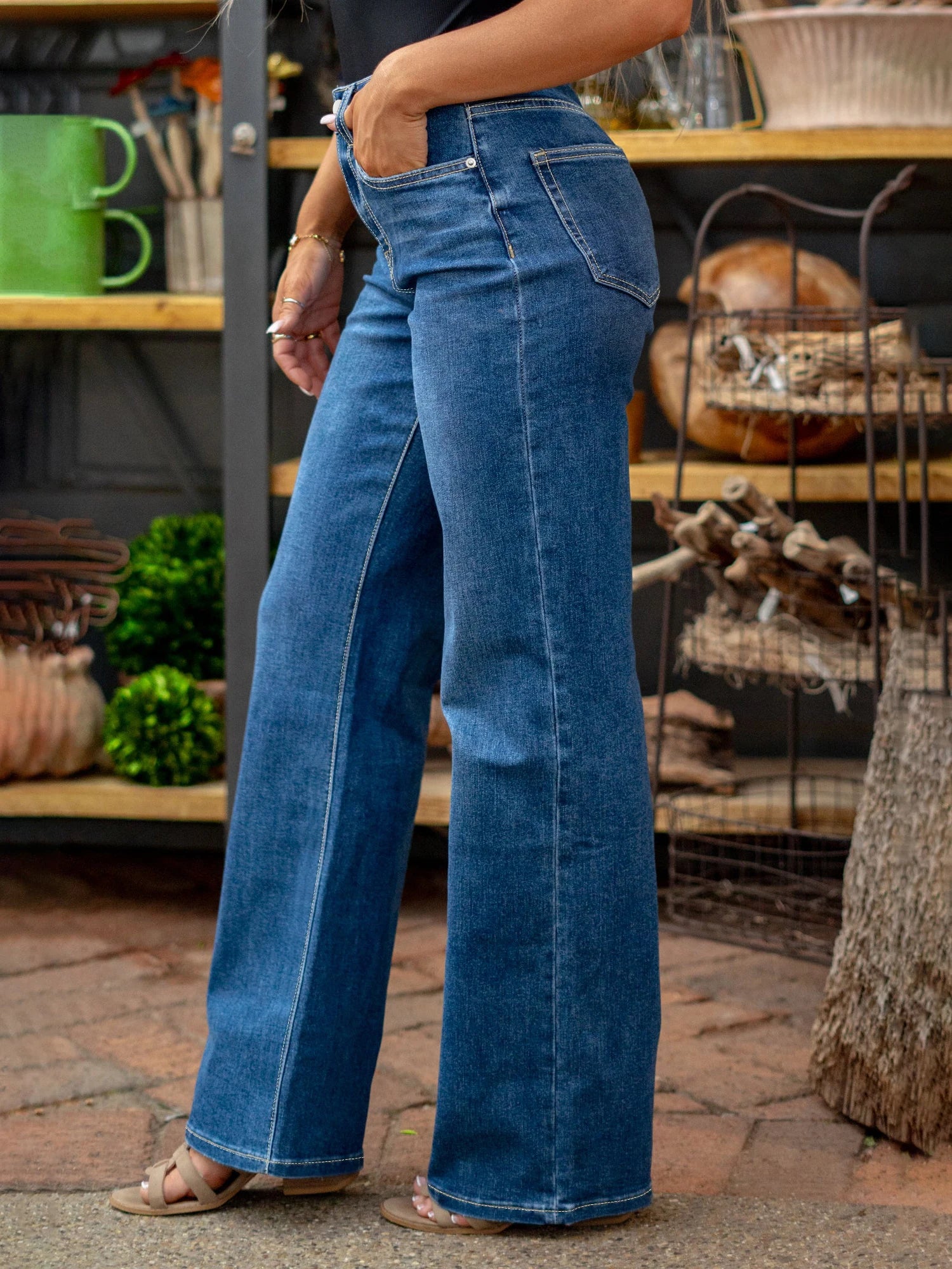 High Quality Vintage Women's Straight Denim Pants Slight Stretchy Pockets Wide Leg Trousers High Waist Loose Lady Long Jeans