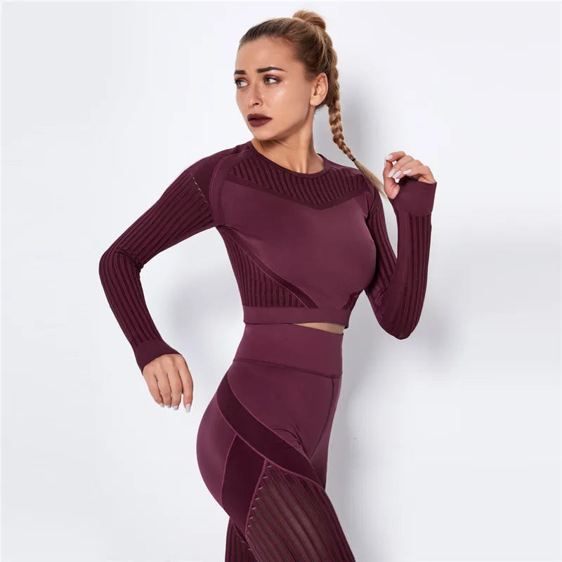 Women Workout Fitness Outfits Hollow Mesh Sports Sets Running Set High Waist Gym Sets Energy Seamless Yoga Suits New 2 Pcs Sets