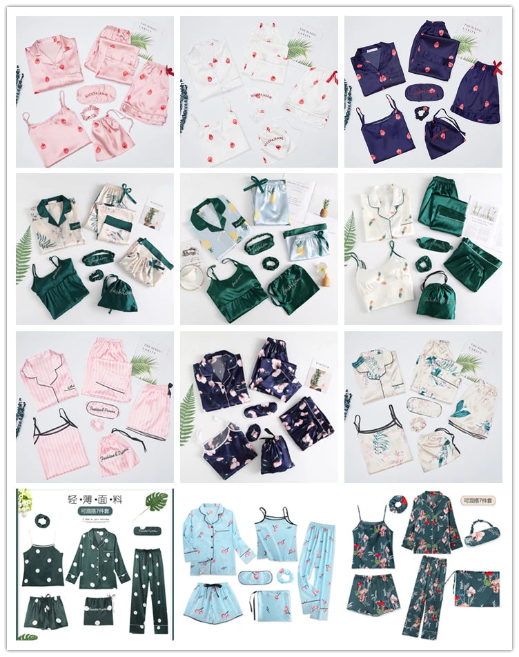 Satin Lace Five Piece Pajamas