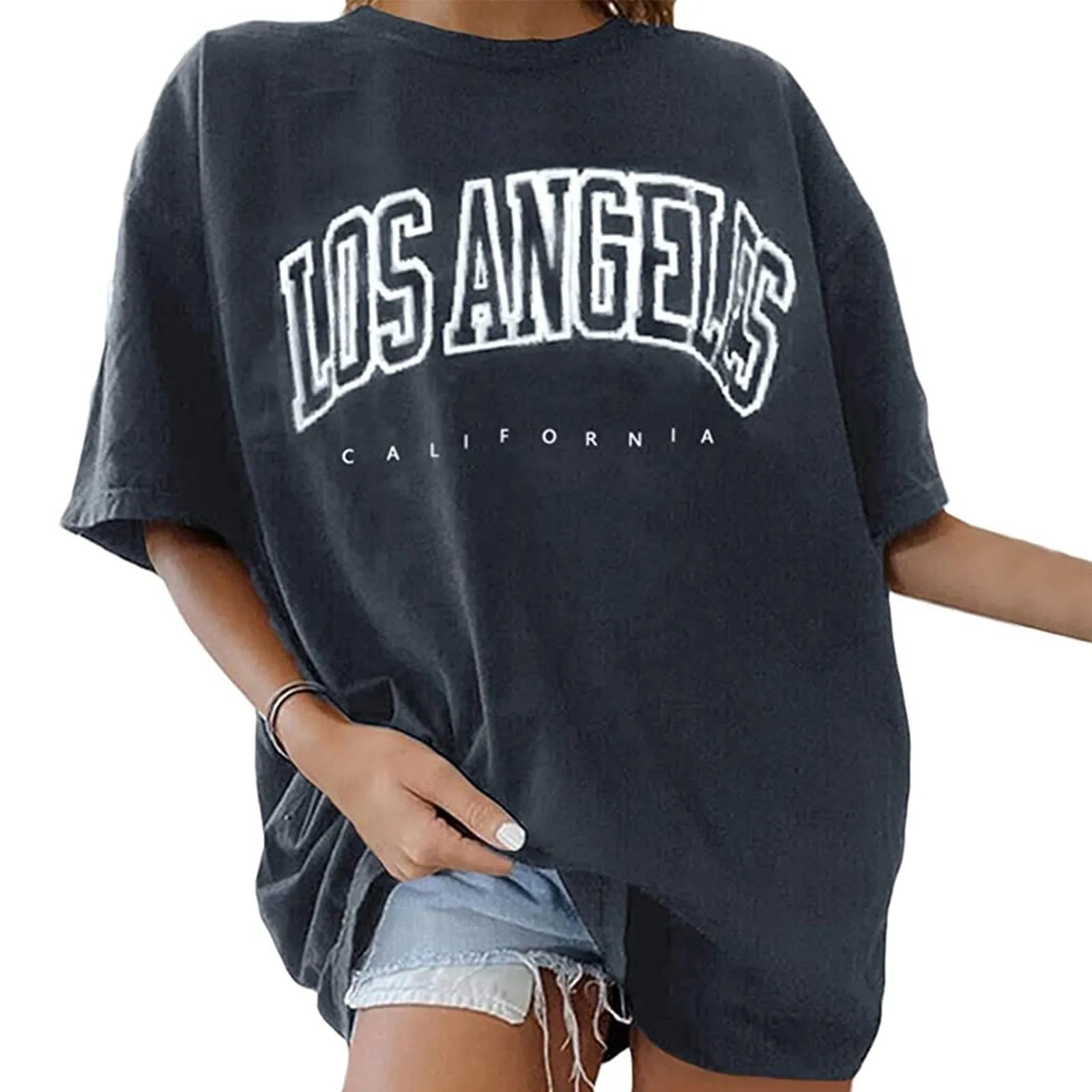 Fashion Women's T-shirts LOS ANGELES Letter Prints T Shirt Women 2021 O-Neck Oversized Loose Short Sleeve Summer Tops Streetwear