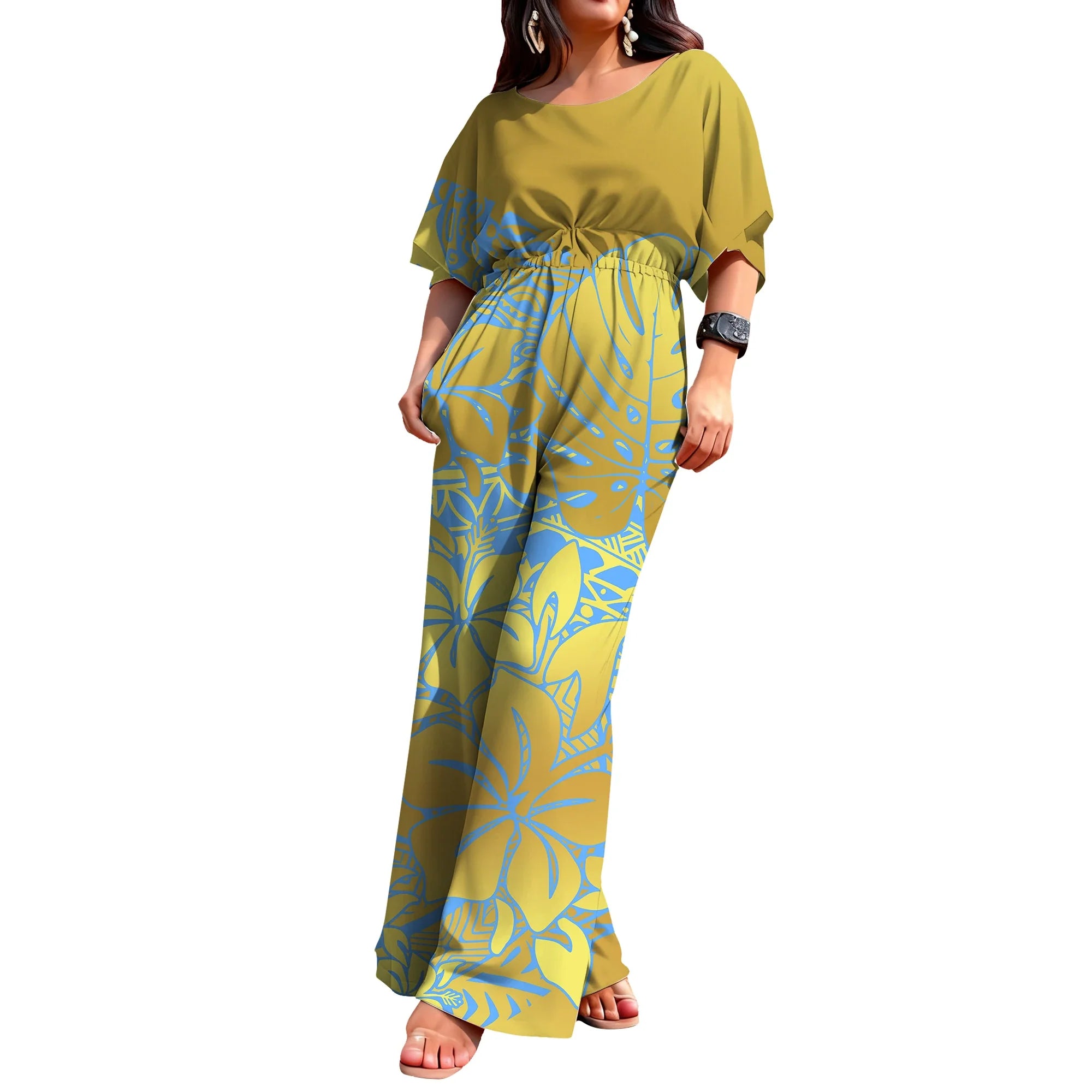 Polynesian Print Half-Sleeve Romper