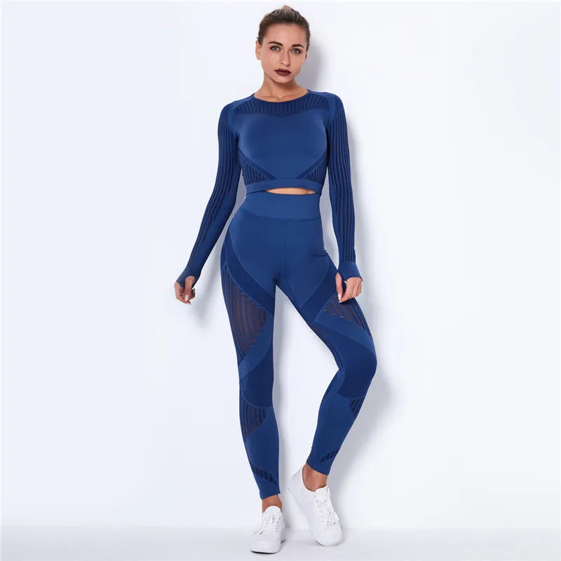 Women Workout Fitness Outfits Hollow Mesh Sports Sets Running Set High Waist Gym Sets Energy Seamless Yoga Suits New 2 Pcs Sets