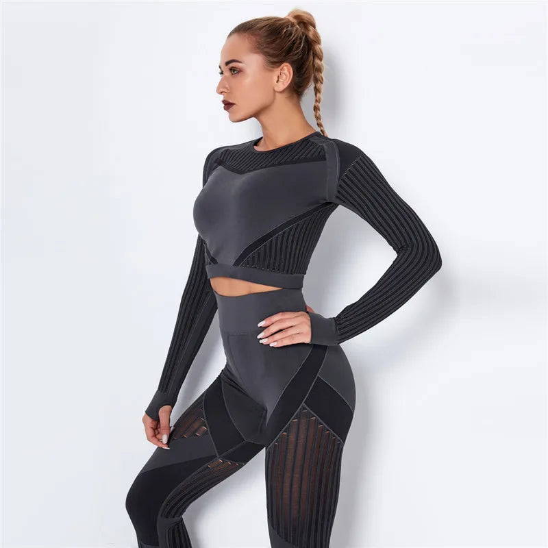 Women Workout Fitness Outfits Hollow Mesh Sports Sets Running Set High Waist Gym Sets Energy Seamless Yoga Suits New 2 Pcs Sets