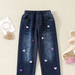 Heart Embroidered Girls Denim Pants