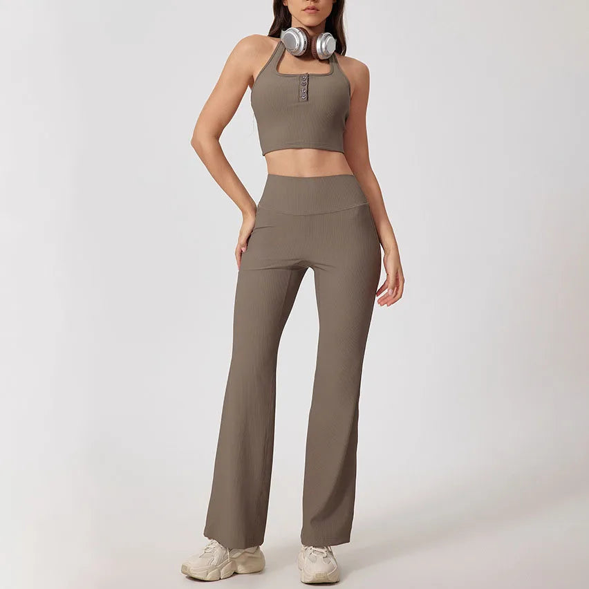 High-Stretch 3-Piece Workout Set with Flare Pants