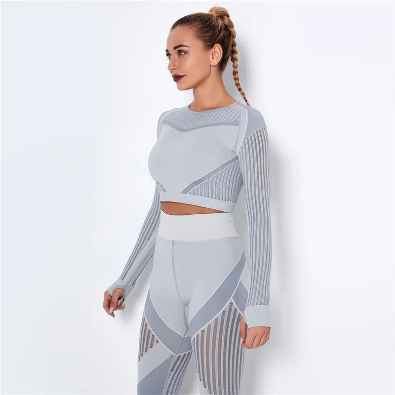 Women Workout Fitness Outfits Hollow Mesh Sports Sets Running Set High Waist Gym Sets Energy Seamless Yoga Suits New 2 Pcs Sets