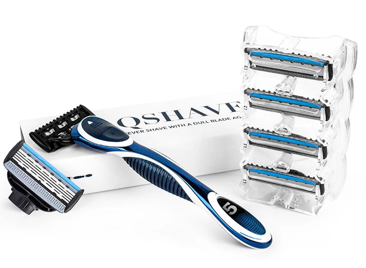 QShave Blue Series 5 Layer USA Blade Manual Razor Mens Shaving Razor with 6 Pieces X5 Blade and each Piece has trimmer Blade