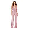 Crimson Sequin Halter Backless Jumpsuit