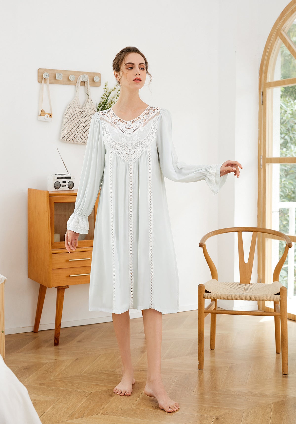 Romantic Lace Nightdress Women French Style Fairy Sleep Lace Dress Elegant Long Sleeve Cotton Nightgown Victorian Loungewear