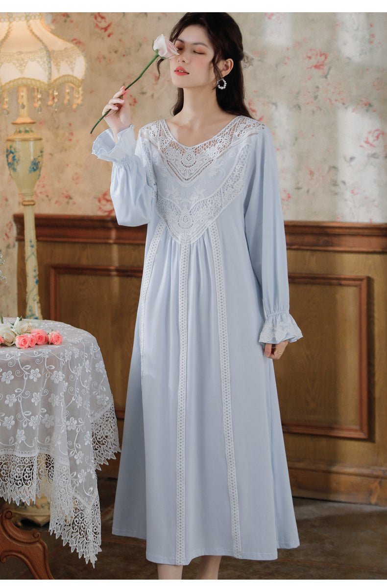 Romantic Lace Nightdress Women French Style Fairy Sleep Lace Dress Elegant Long Sleeve Cotton Nightgown Victorian Loungewear