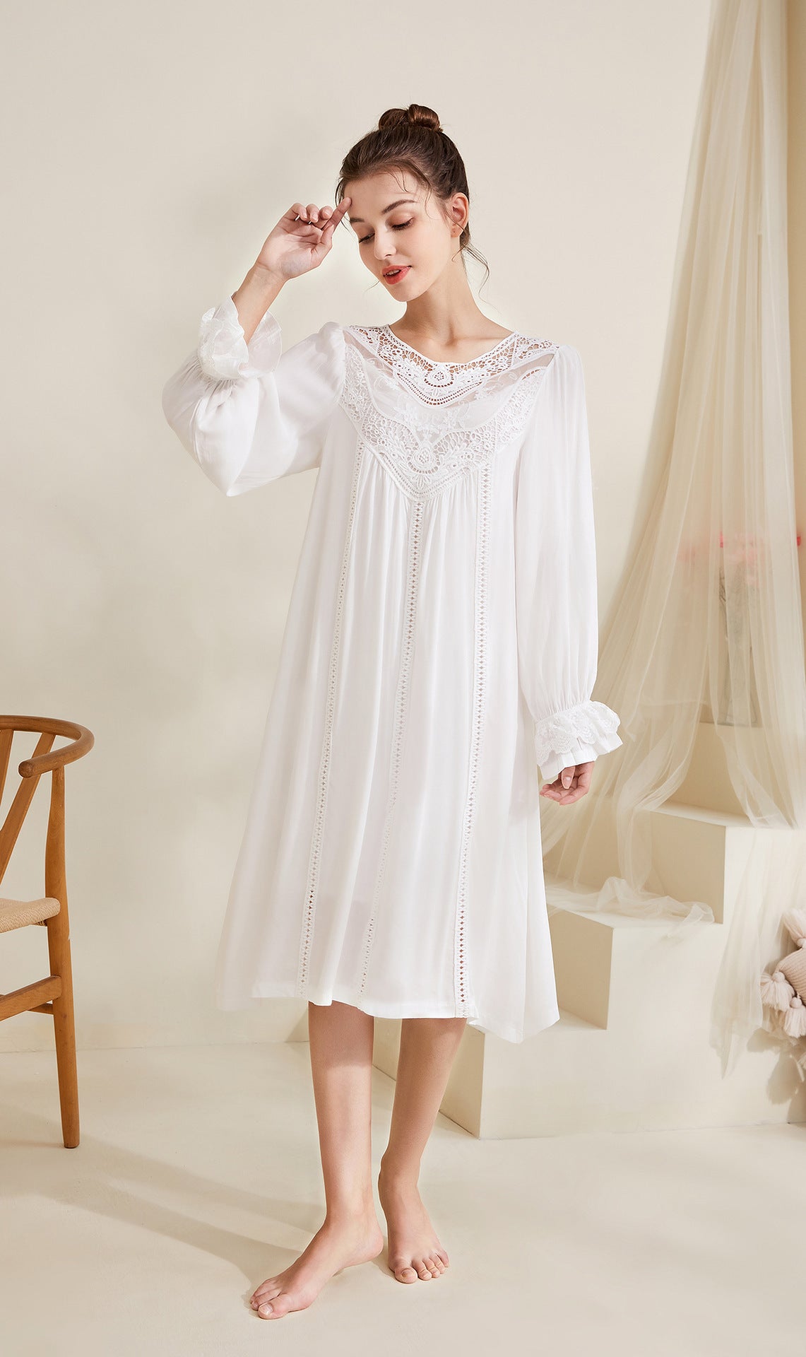 Romantic Lace Nightdress Women French Style Fairy Sleep Lace Dress Elegant Long Sleeve Cotton Nightgown Victorian Loungewear