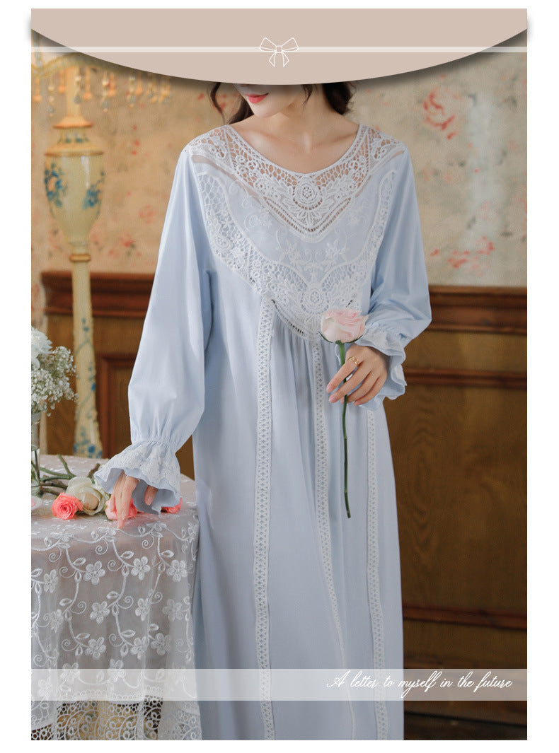 Romantic Lace Nightdress Women French Style Fairy Sleep Lace Dress Elegant Long Sleeve Cotton Nightgown Victorian Loungewear