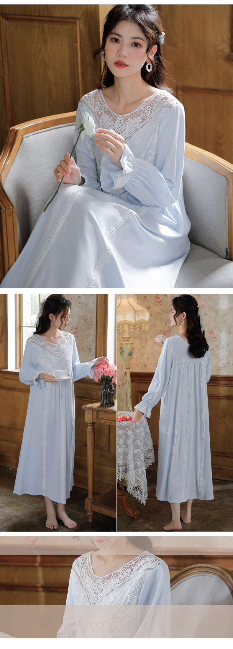 Romantic Lace Nightdress Women French Style Fairy Sleep Lace Dress Elegant Long Sleeve Cotton Nightgown Victorian Loungewear