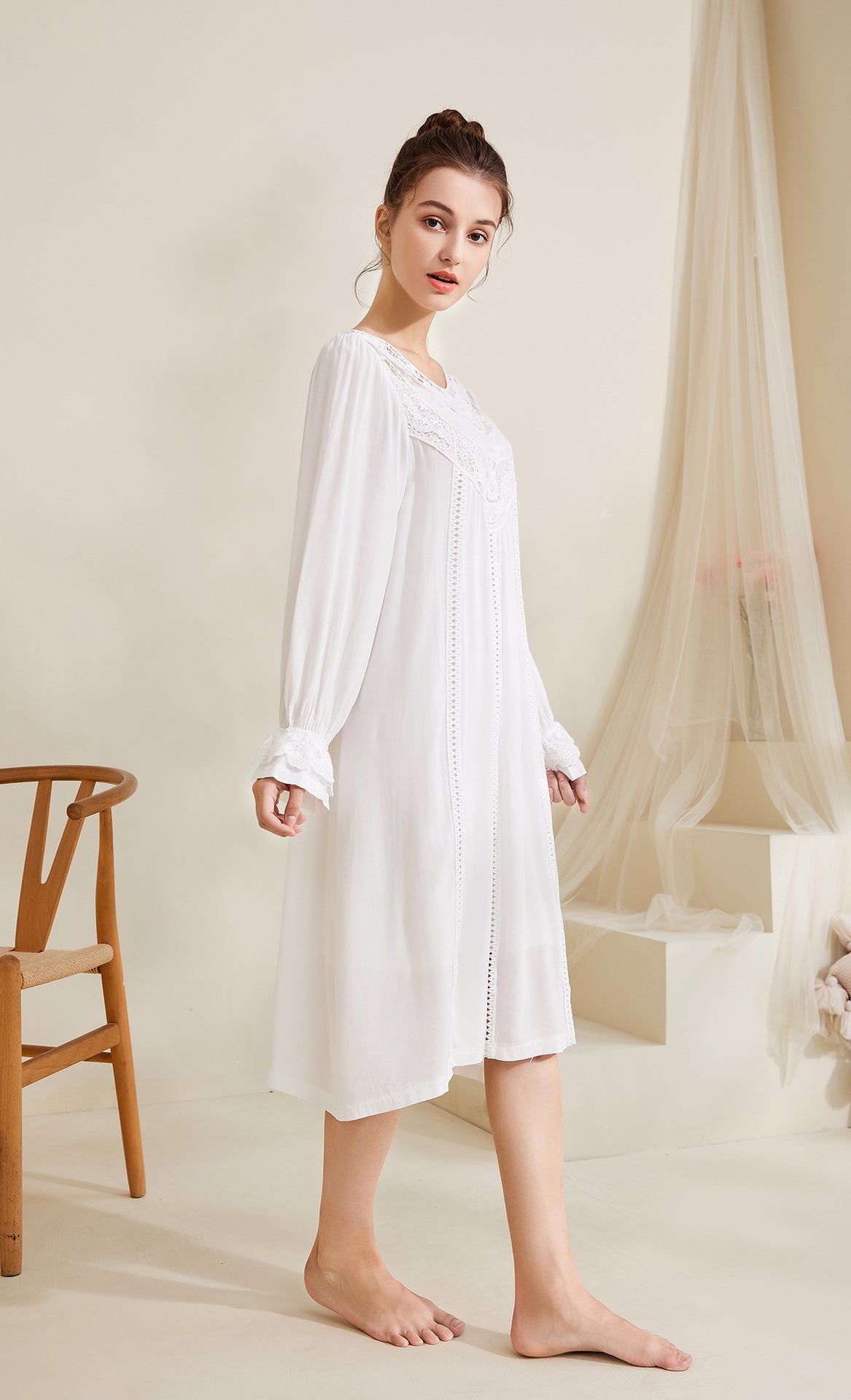 Romantic Lace Nightdress Women French Style Fairy Sleep Lace Dress Elegant Long Sleeve Cotton Nightgown Victorian Loungewear