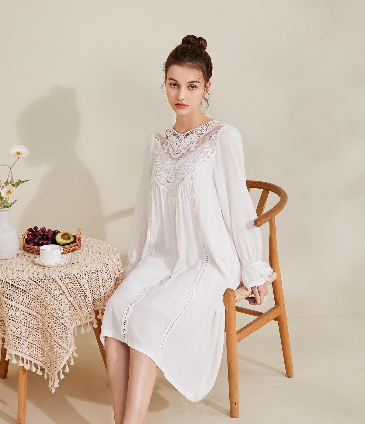 Romantic Lace Nightdress Women French Style Fairy Sleep Lace Dress Elegant Long Sleeve Cotton Nightgown Victorian Loungewear