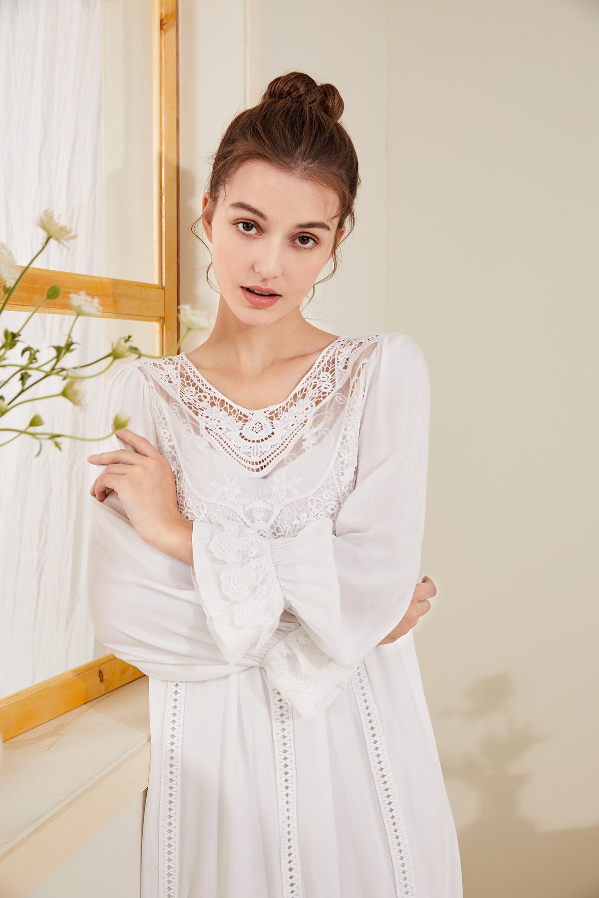 Romantic Lace Nightdress Women French Style Fairy Sleep Lace Dress Elegant Long Sleeve Cotton Nightgown Victorian Loungewear