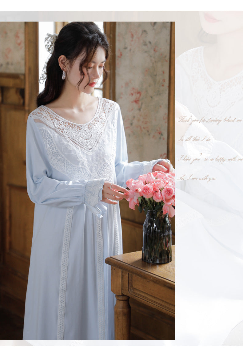 Romantic Lace Nightdress Women French Style Fairy Sleep Lace Dress Elegant Long Sleeve Cotton Nightgown Victorian Loungewear