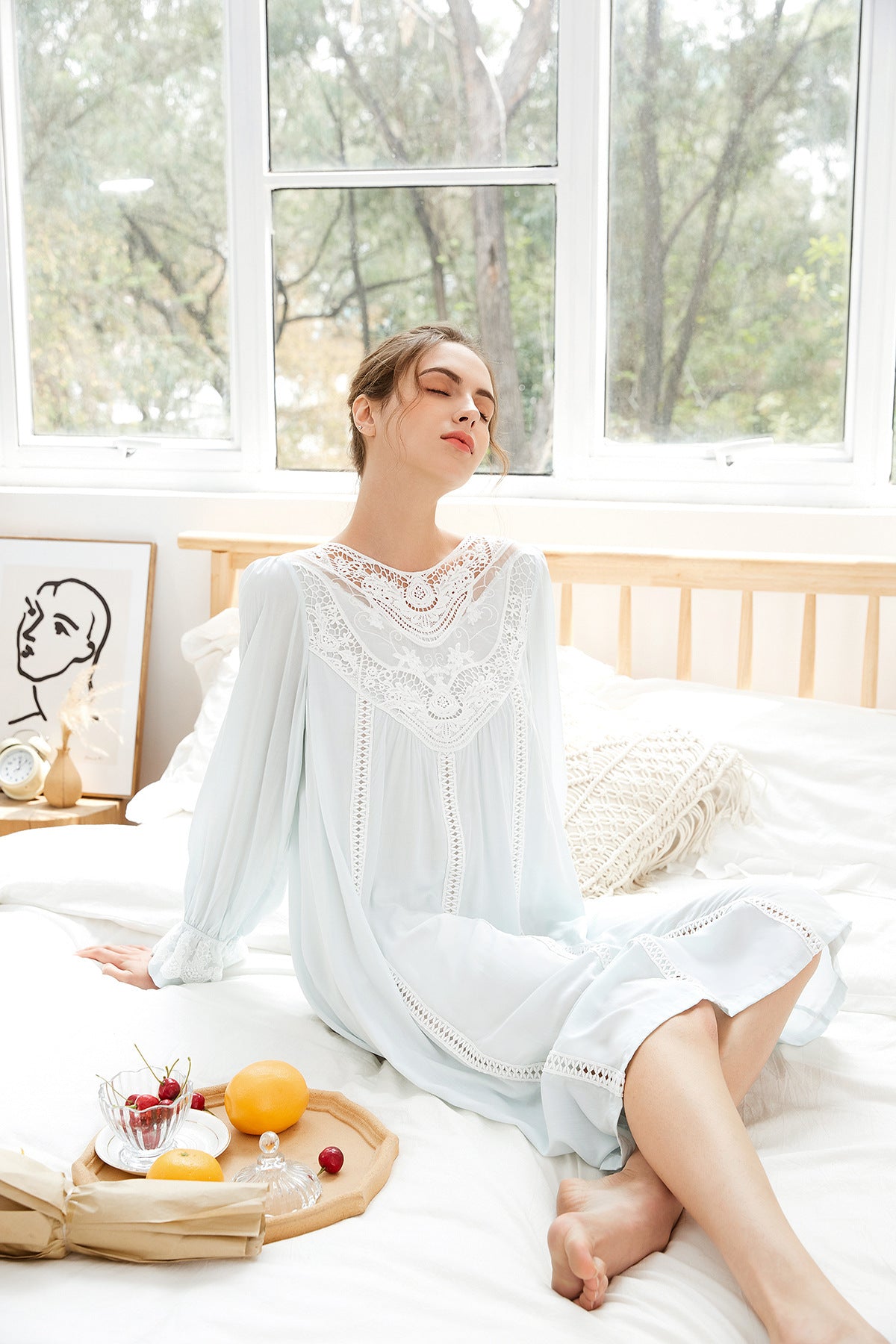 Romantic Lace Nightdress Women French Style Fairy Sleep Lace Dress Elegant Long Sleeve Cotton Nightgown Victorian Loungewear