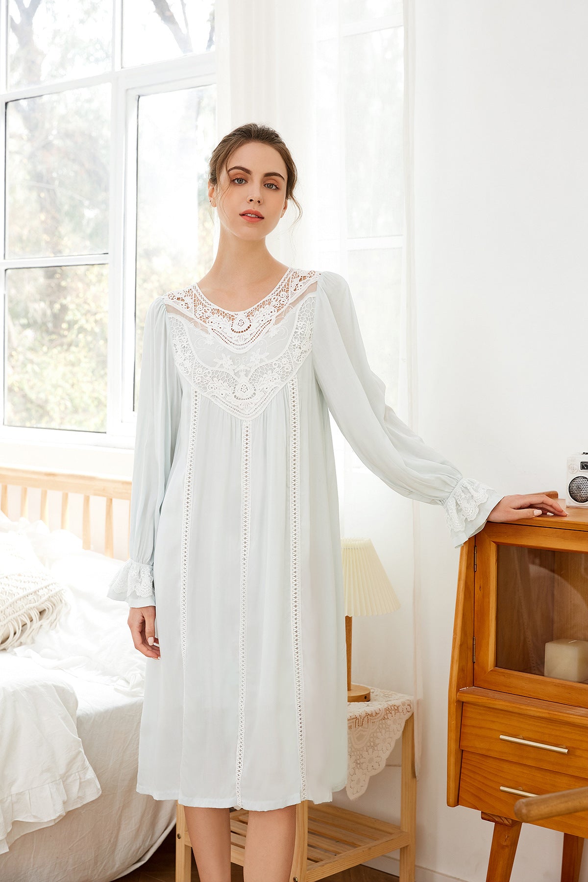 Romantic Lace Nightdress Women French Style Fairy Sleep Lace Dress Elegant Long Sleeve Cotton Nightgown Victorian Loungewear