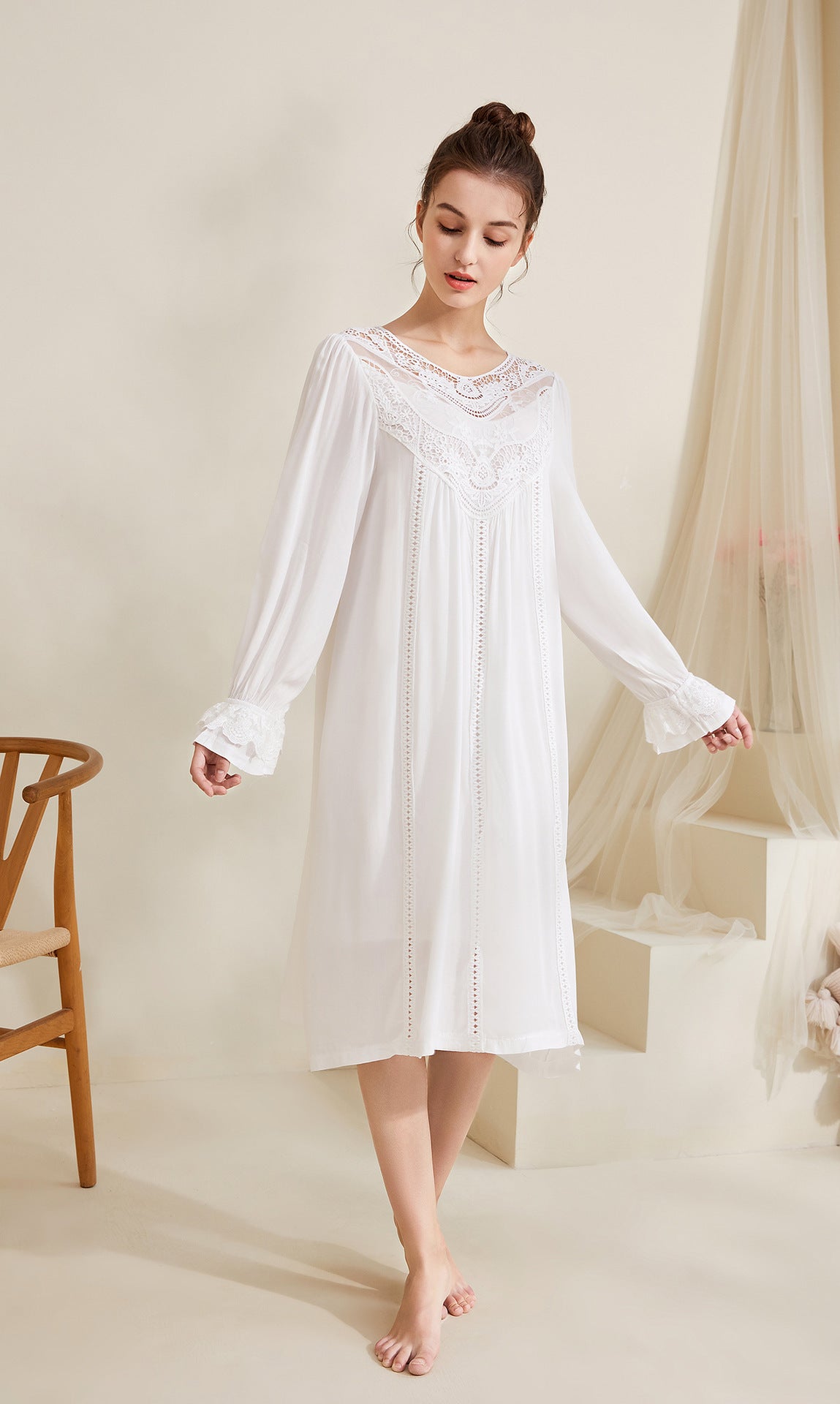 Romantic Lace Nightdress Women French Style Fairy Sleep Lace Dress Elegant Long Sleeve Cotton Nightgown Victorian Loungewear