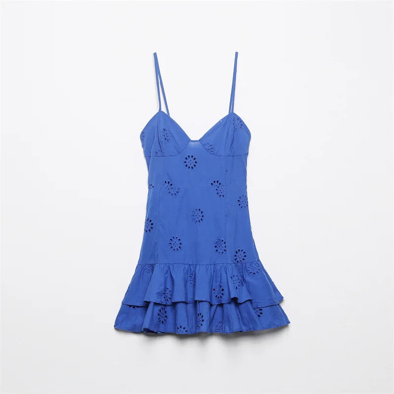 Women Fashion With Ruffled Cutwork Embroidery Mini Dress Vintage Backless Elastic Thin Straps Female Dresses Vestidos