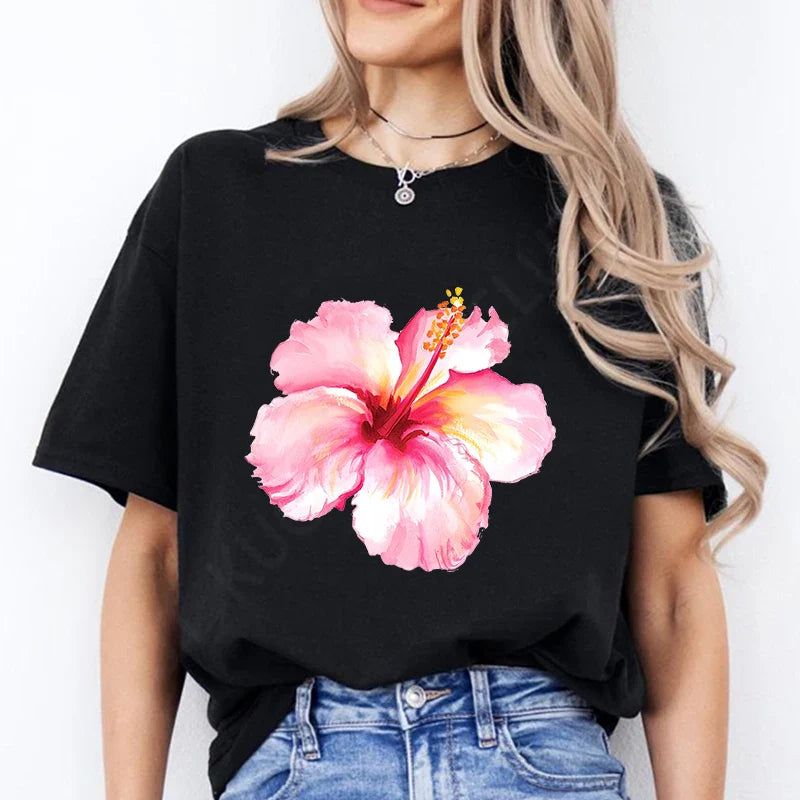 Pink Hibiscus Casual Y2K Tee