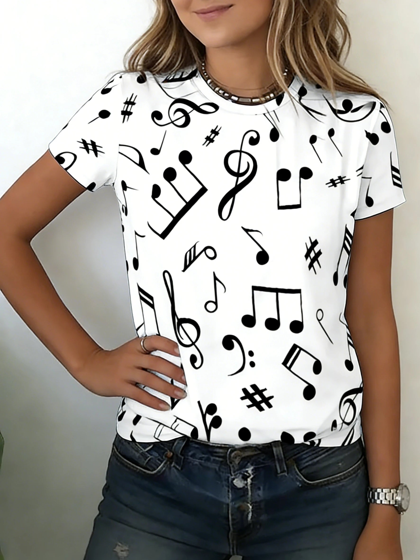Women T-Shirt  Music Note Print Short Sleeve Crew Neck Casual Loose Fit Casual Top Spring Summer Daily Streetwear Versatile Top