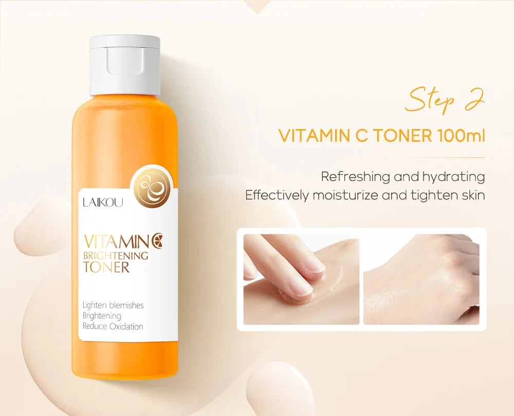 Vitamin C Skincare Set 5pcs(Cleanser-Toner-Serum-Eye Serum-Face Cream) + Natural Antioxidant Ingredients, Nourish Even Skin Tone