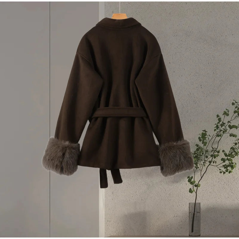 Elegant Women's Lace Up Woolen Coats Solid Full Sleeve Turn-down Collar Loose Lady Coats 2025 Autumn Winter Female Streetwear