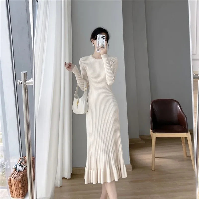 Elegant Knit Flounce Midi Dress