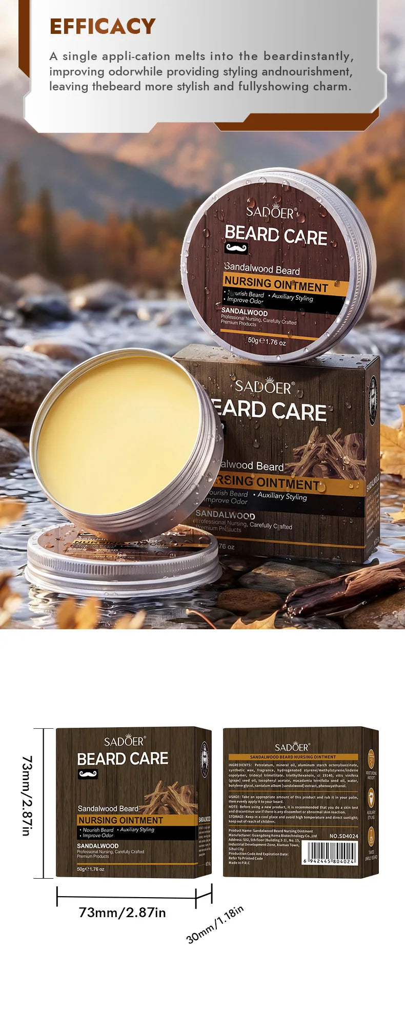 Men's Sandalwood Beard Care Balm Tame Unruly Hairs, Deeply Cleanse & Moisturize Dry Beards, Promote Healthie Thicker Facial Hair