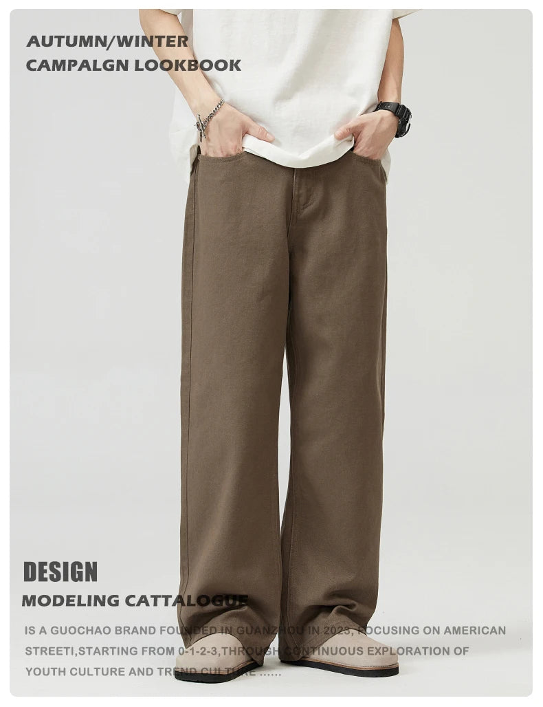 100％ Cotton Men's Baggy Straight Jeans Comfortable Soft Casual Pants Fashion Korean White Brown Denim Trousers Male Clothing