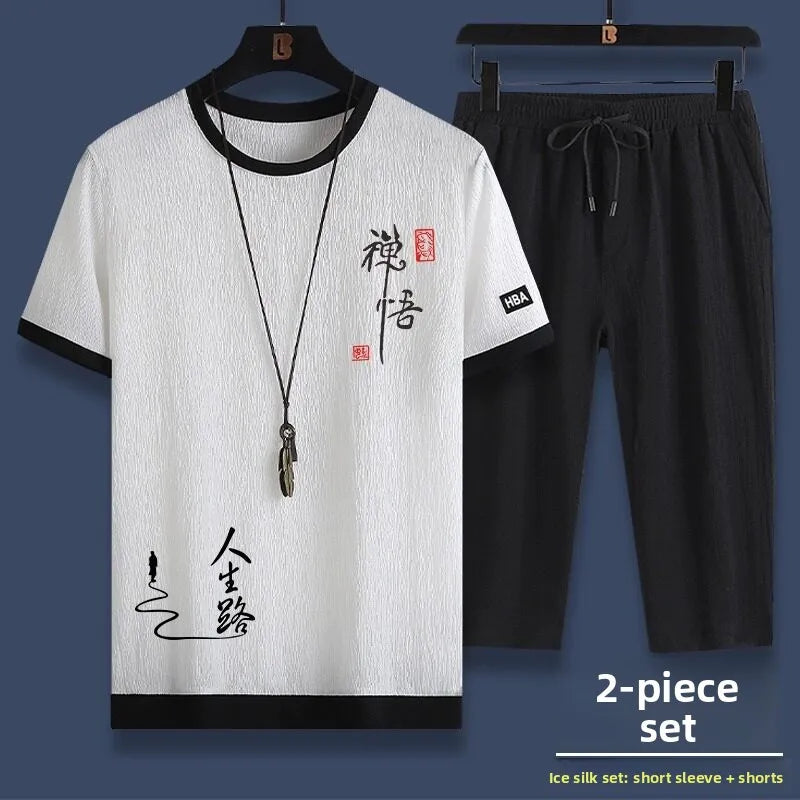Casual Ice Silk Sports Suit Men's Summer Thin Short Sleeve Shorts Trendy Clothes Handsome Match One Set of Youth Clothing