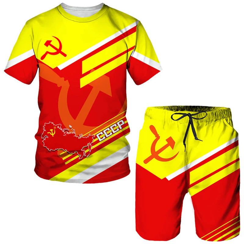 Men Tracksuit CCCP Russian 3D Print T-shirt Shorts Sets 2 Pieces USSR Soviet Union Style Streetwear Oversized Sportswear Suits