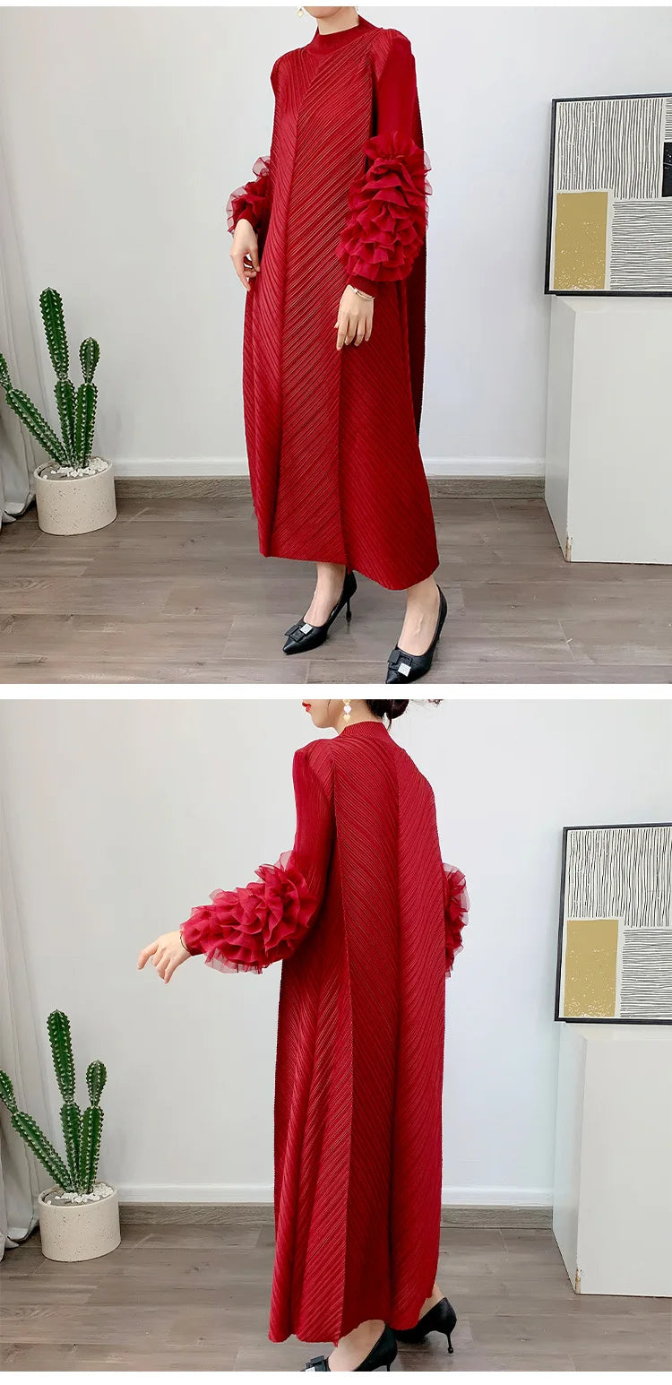 Women Elegant Evening Party Dresses 2025 Summer New Solid Colour Classic Long Sleeve Plate Flower Design Prom Dresses Female