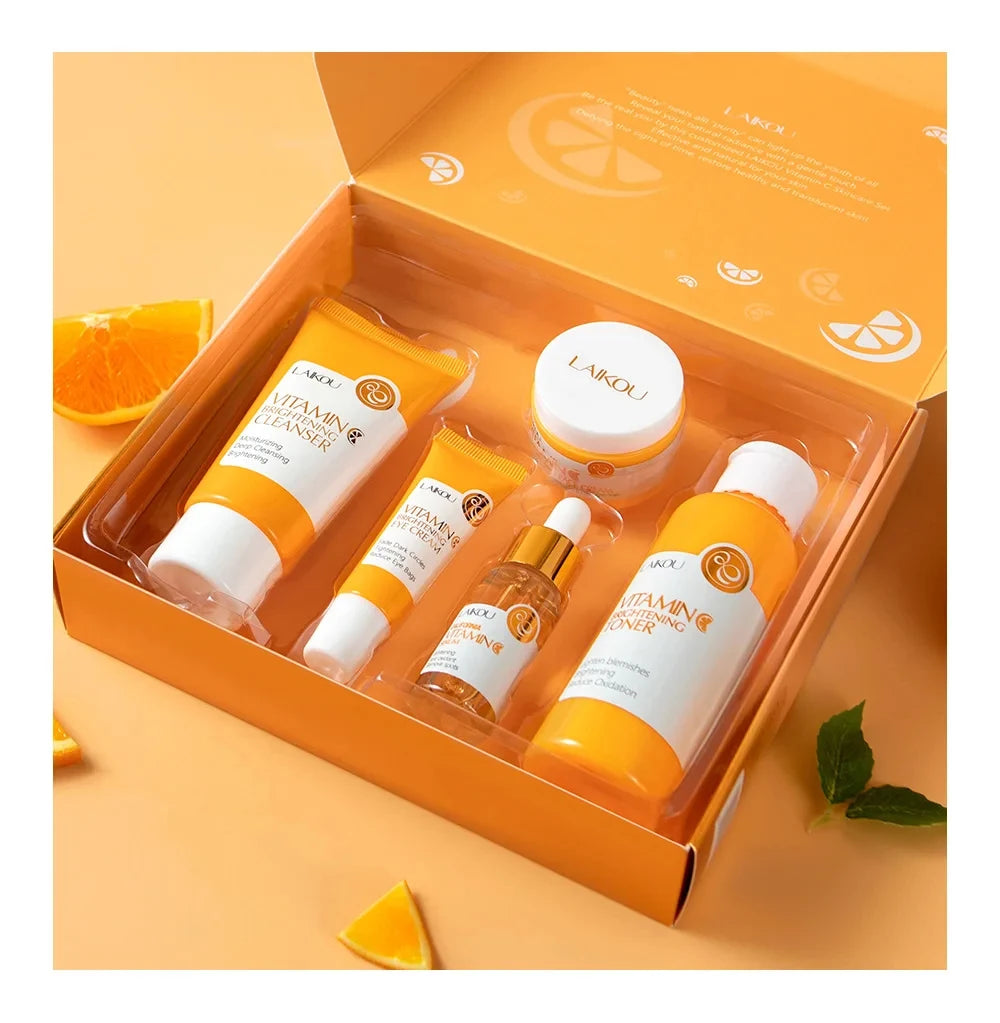 Vitamin C Skincare Set 5pcs(Cleanser-Toner-Serum-Eye Serum-Face Cream) + Natural Antioxidant Ingredients, Nourish Even Skin Tone